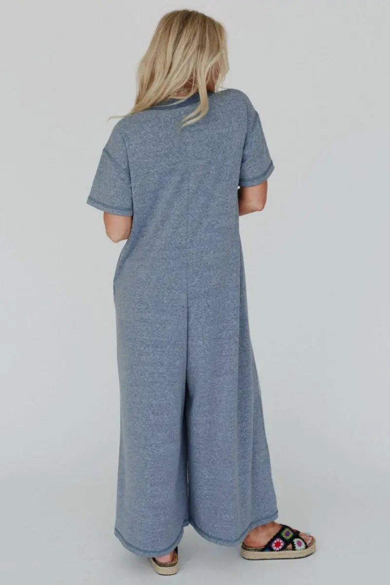 Beau Blue Half Placket Chest Pockets Short Sleeve Jumpsuit - Love Salve 
