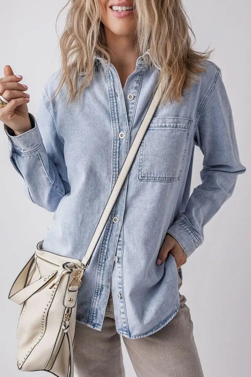 Beau Blue Long Sleeve Buttoned Chest Pocket Denim Shacket - Love Salve 