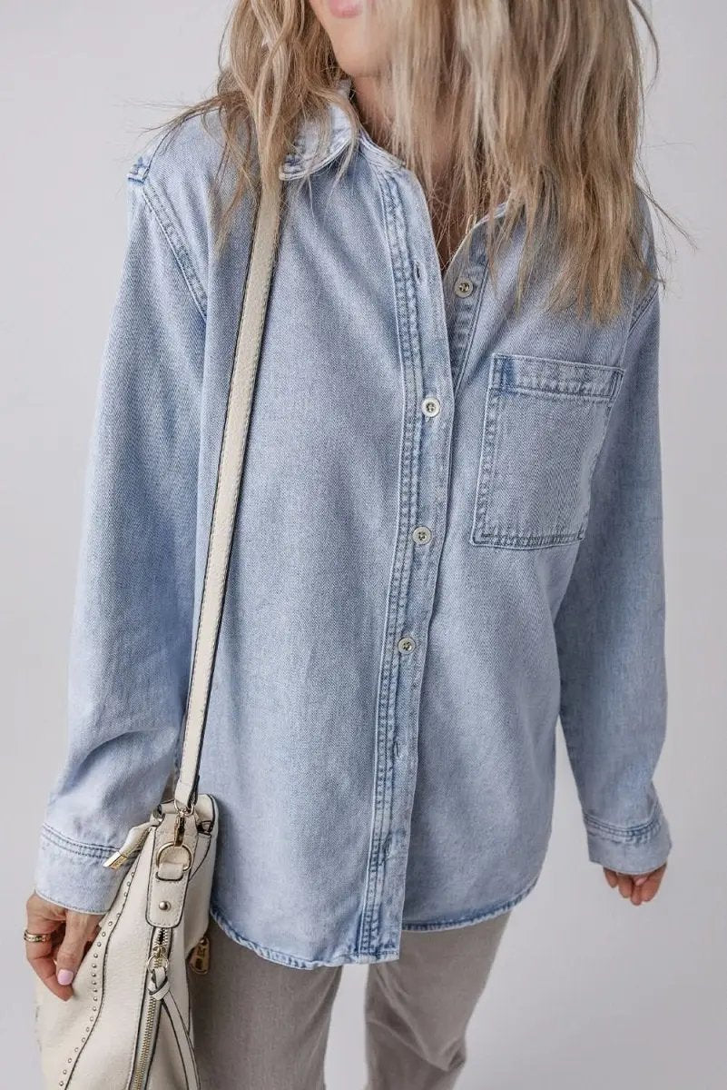 Beau Blue Long Sleeve Buttoned Chest Pocket Denim Shacket - Love Salve 