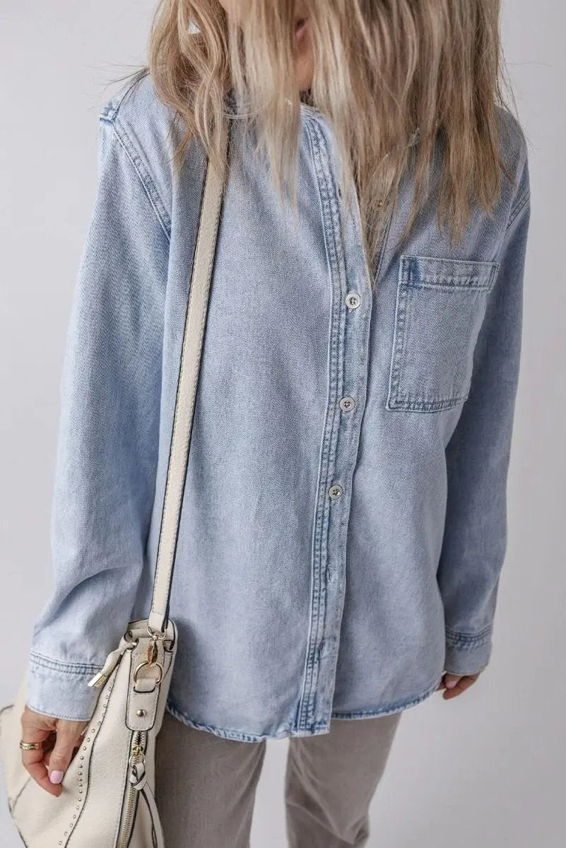 Beau Blue Long Sleeve Buttoned Chest Pocket Denim Shacket - Love Salve 