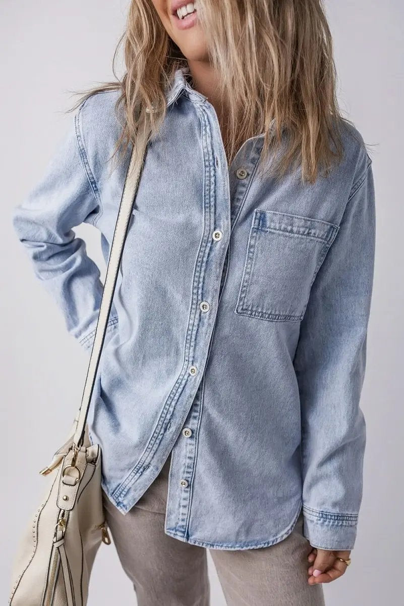 Beau Blue Long Sleeve Buttoned Chest Pocket Denim Shacket - Love Salve 