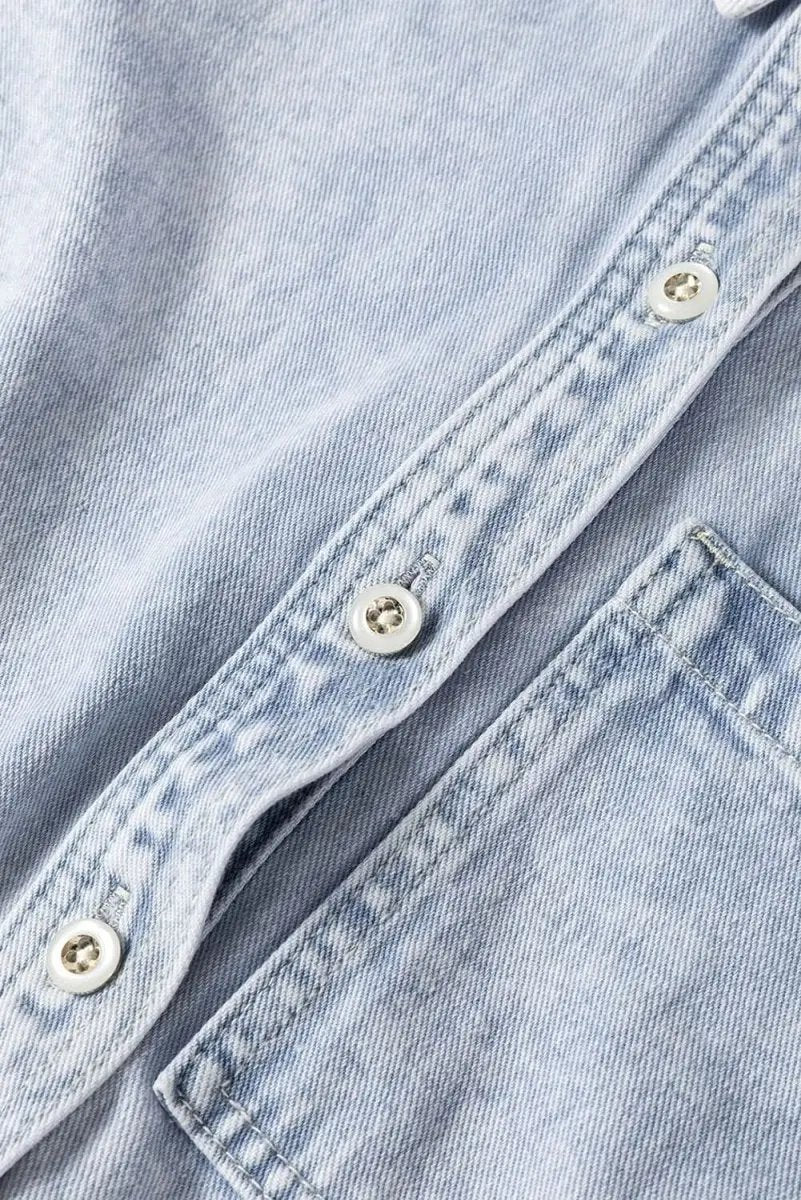 Beau Blue Long Sleeve Buttoned Chest Pocket Denim Shacket - Love Salve 