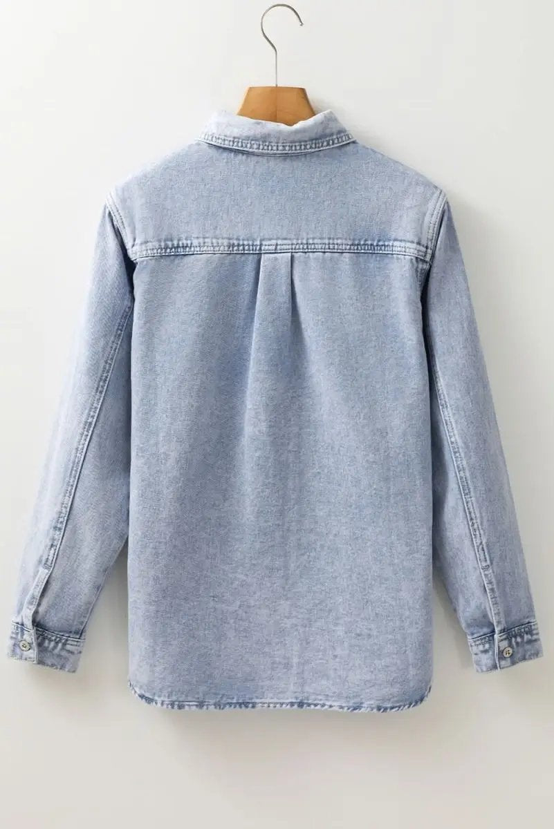 Beau Blue Long Sleeve Buttoned Chest Pocket Denim Shacket - Love Salve 