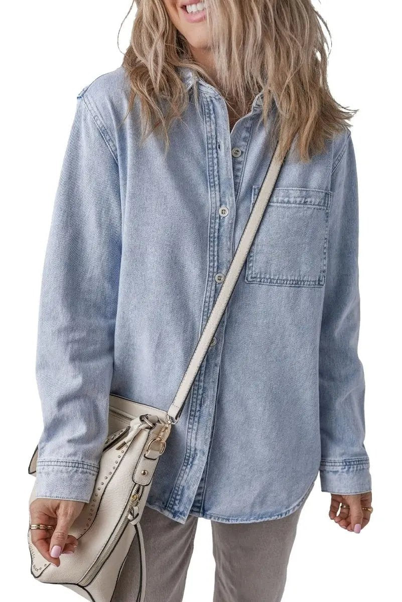 Beau Blue Long Sleeve Buttoned Chest Pocket Denim Shacket - Love Salve 