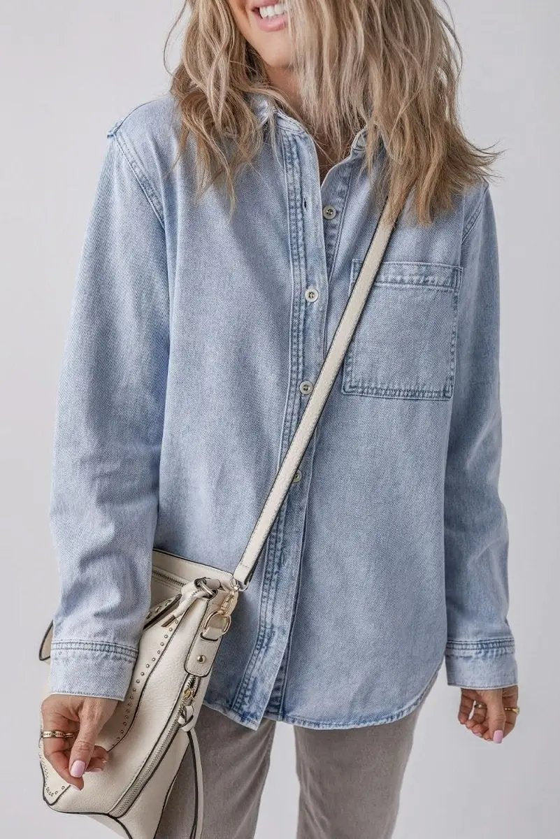 Beau Blue Long Sleeve Buttoned Chest Pocket Denim Shacket - Love Salve 