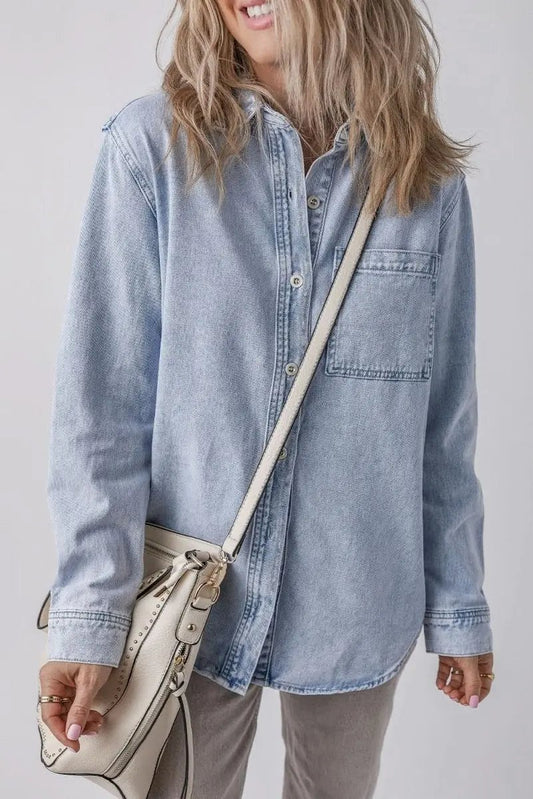 Beau Blue Long Sleeve Buttoned Chest Pocket Denim Shacket - Love Salve 