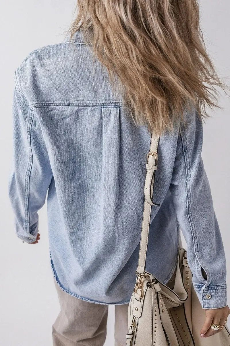 Beau Blue Long Sleeve Buttoned Chest Pocket Denim Shacket - Love Salve 