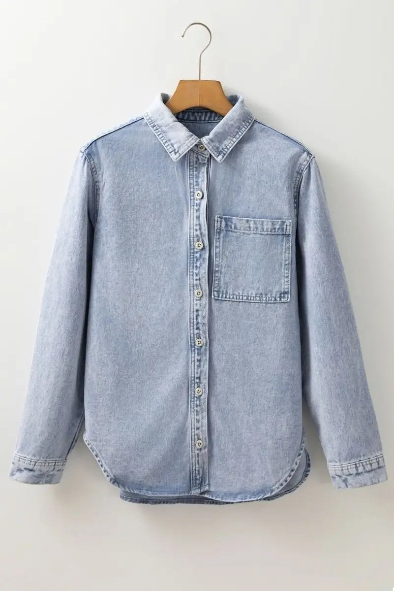 Beau Blue Long Sleeve Buttoned Chest Pocket Denim Shacket - Love Salve 