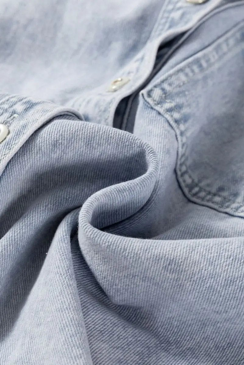 Beau Blue Long Sleeve Buttoned Chest Pocket Denim Shacket - Love Salve 