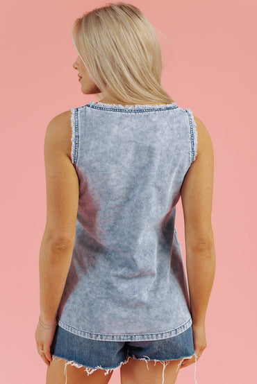 Beau Blue Mineral Wash Denim Frayed U Neck Sleeveless Top - Love Salve 