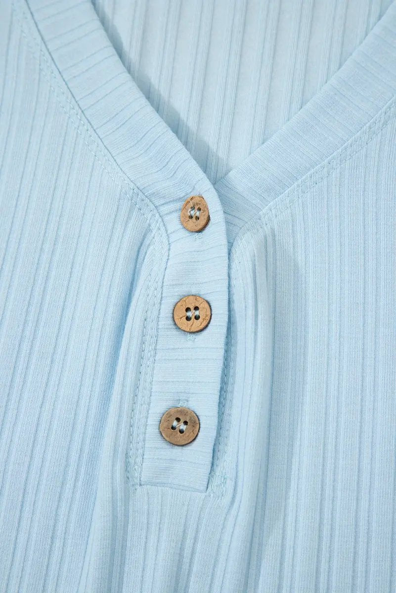 Beau Blue Ribbed Button V Neck Tank Top and Shorts Set - Love Salve 