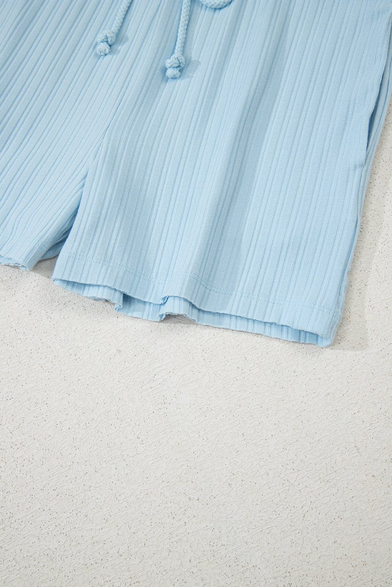 Beau Blue Ribbed Button V Neck Tank Top and Shorts Set - Love Salve 