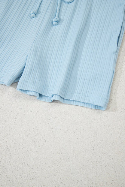 Beau Blue Ribbed Button V Neck Tank Top and Shorts Set - Love Salve 