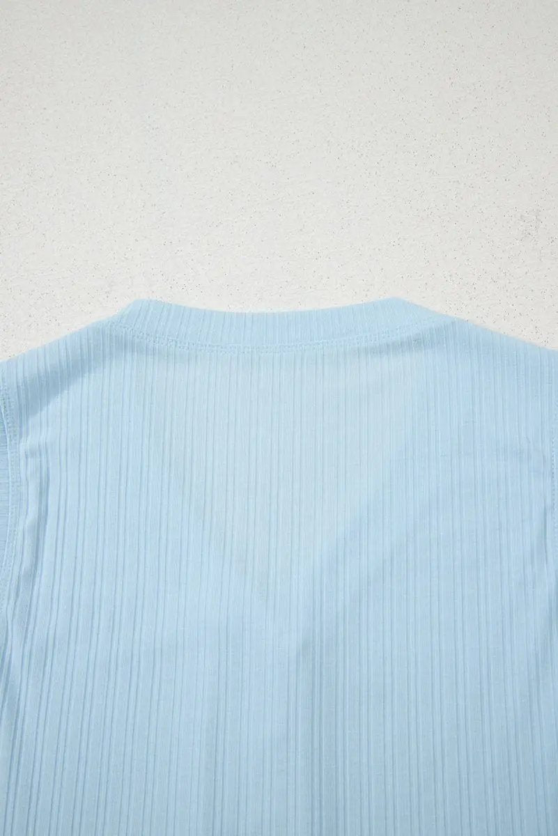 Beau Blue Ribbed Button V Neck Tank Top and Shorts Set - Love Salve 