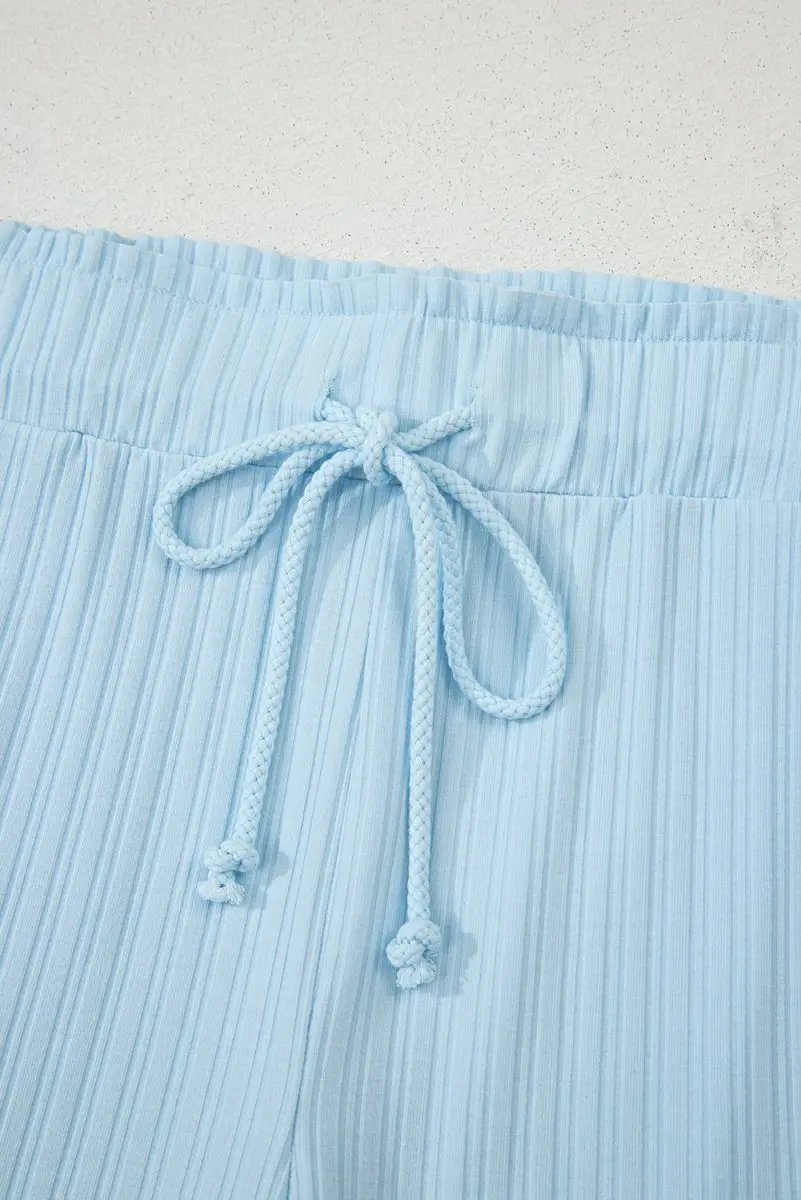 Beau Blue Ribbed Button V Neck Tank Top and Shorts Set - Love Salve 