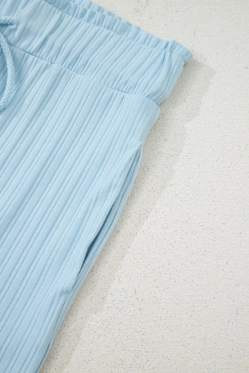 Beau Blue Ribbed Button V Neck Tank Top and Shorts Set - Love Salve 