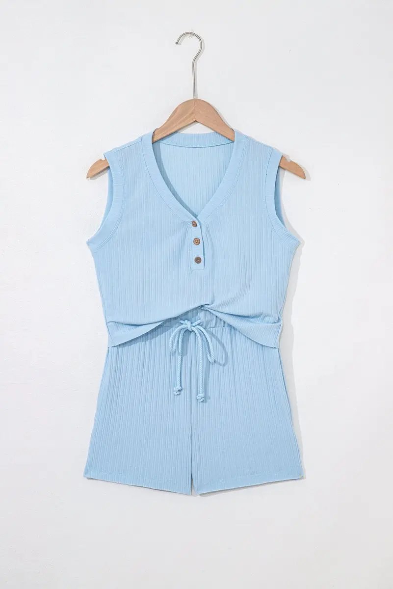 Beau Blue Ribbed Button V Neck Tank Top and Shorts Set - Love Salve 