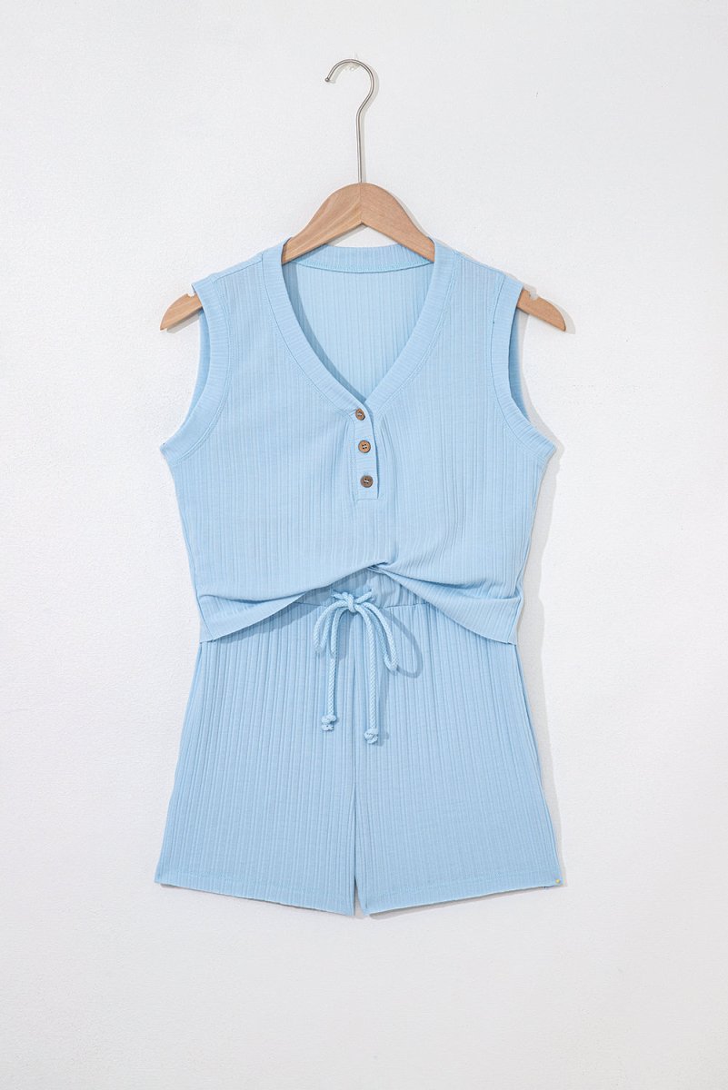 Beau Blue Ribbed Button V Neck Tank Top and Shorts Set - Love Salve 