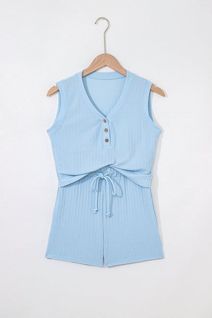 Beau Blue Ribbed Button V Neck Tank Top and Shorts Set - Love Salve 