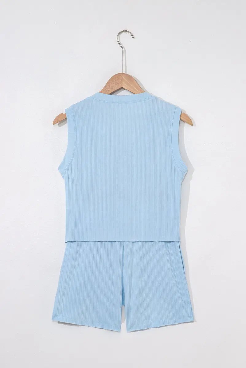 Beau Blue Ribbed Button V Neck Tank Top and Shorts Set - Love Salve 