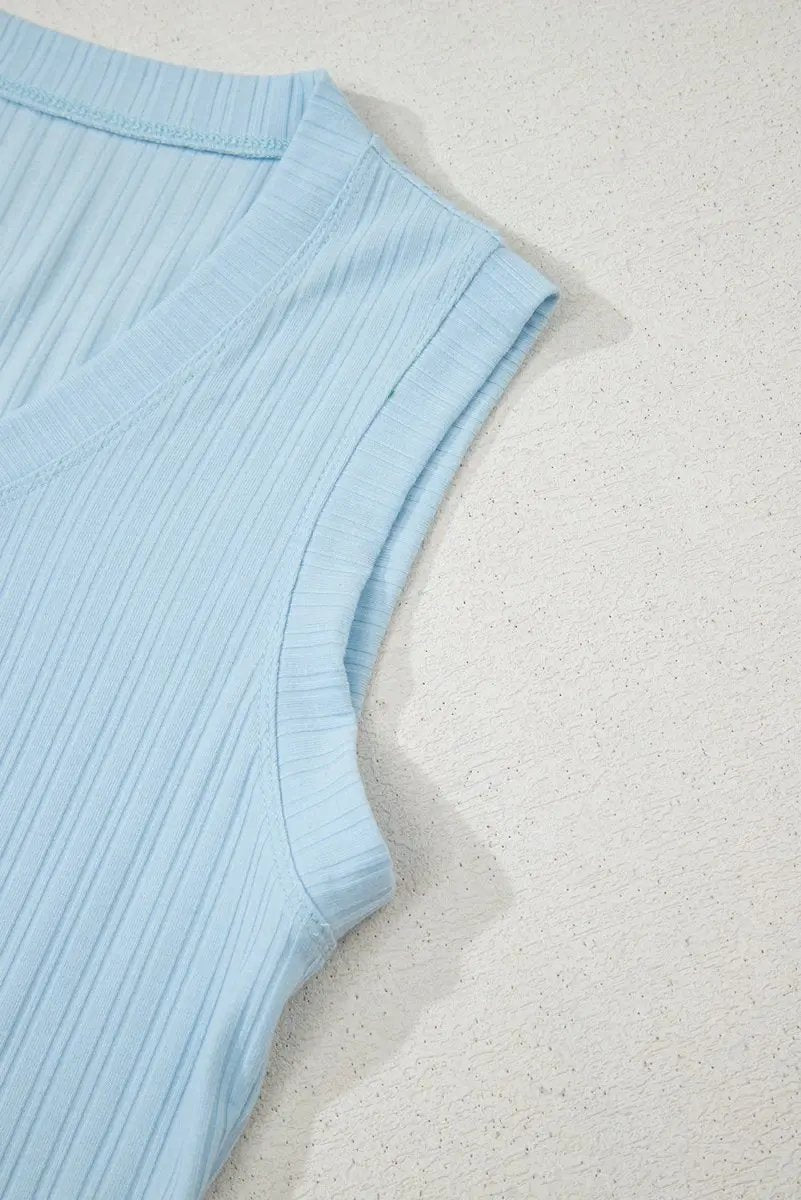 Beau Blue Ribbed Button V Neck Tank Top and Shorts Set - Love Salve 