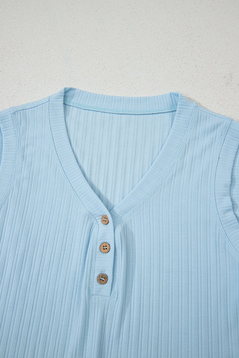 Beau Blue Ribbed Button V Neck Tank Top and Shorts Set - Love Salve 