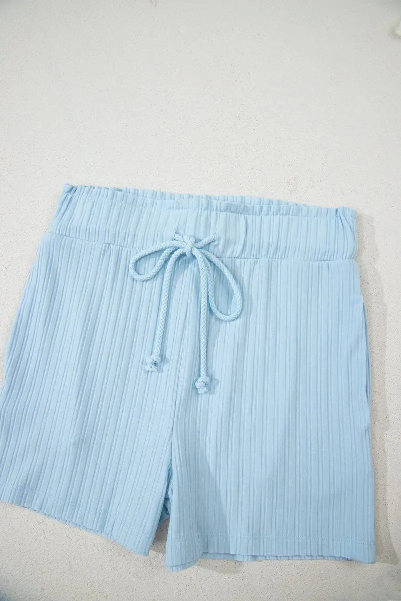 Beau Blue Ribbed Button V Neck Tank Top and Shorts Set - Love Salve 