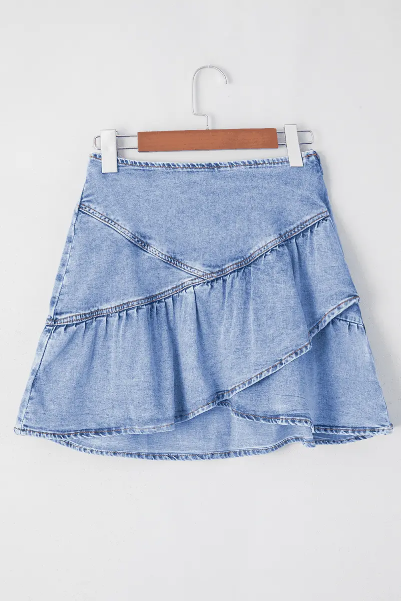 Beau Blue Ruffled Asymmetric Denim Mini Skirt - Love Salve 