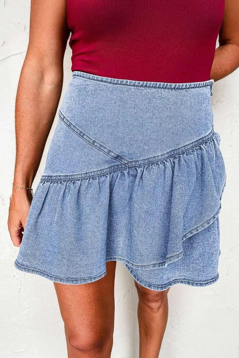 Beau Blue Ruffled Asymmetric Denim Mini Skirt - Love Salve 