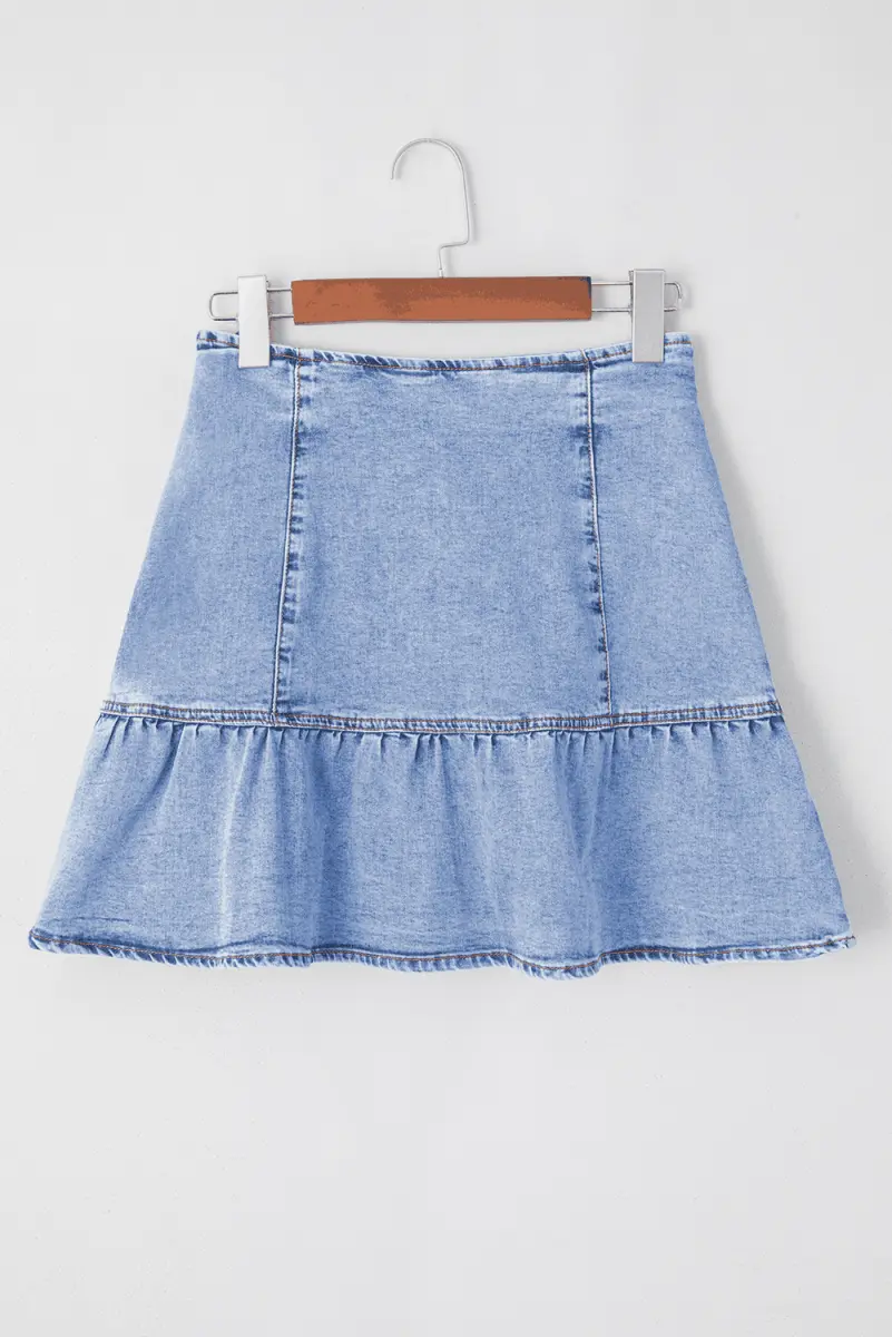Beau Blue Ruffled Asymmetric Denim Mini Skirt - Love Salve 