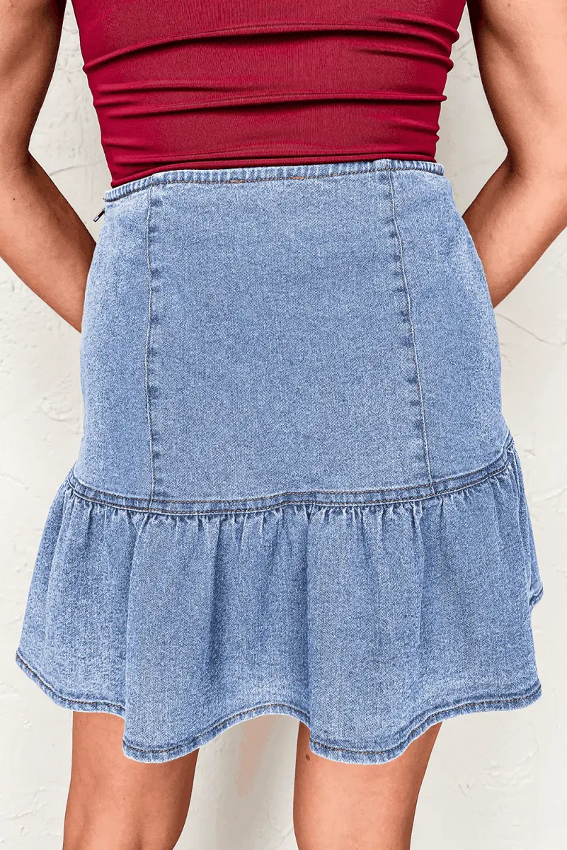 Beau Blue Ruffled Asymmetric Denim Mini Skirt - Love Salve 
