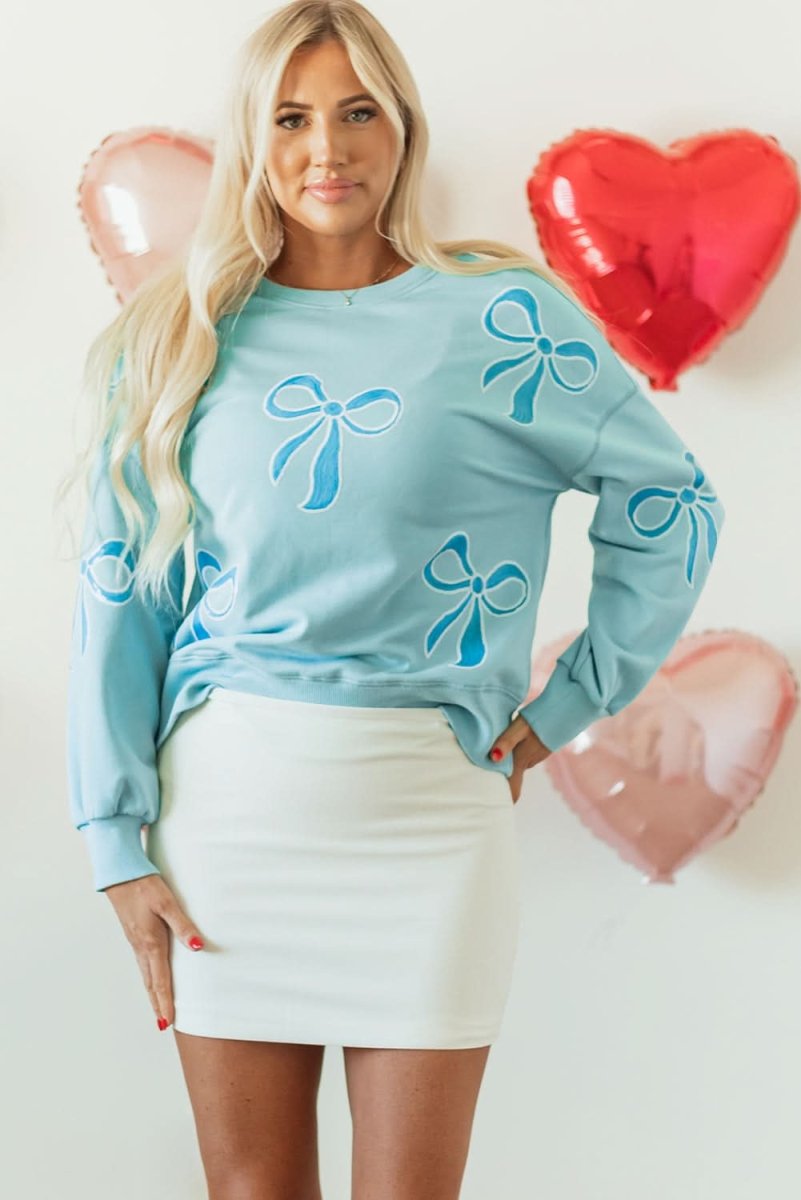 Beau Blue Sequined Bowknot Drop Shoulder Oversized Sweatshirt - Love Salve 