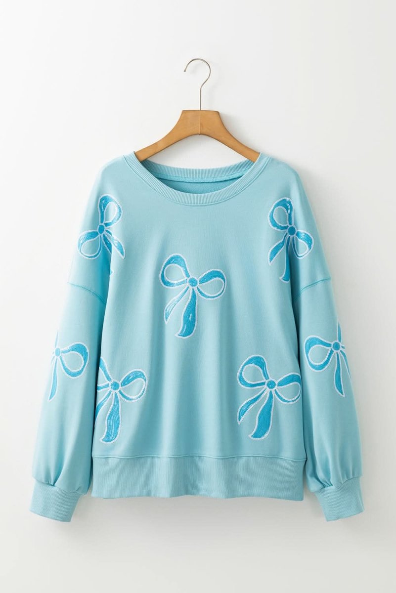 Beau Blue Sequined Bowknot Drop Shoulder Oversized Sweatshirt - Love Salve 