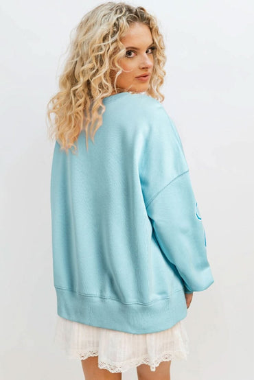 Beau Blue Sequined Bowknot Drop Shoulder Oversized Sweatshirt - Love Salve 
