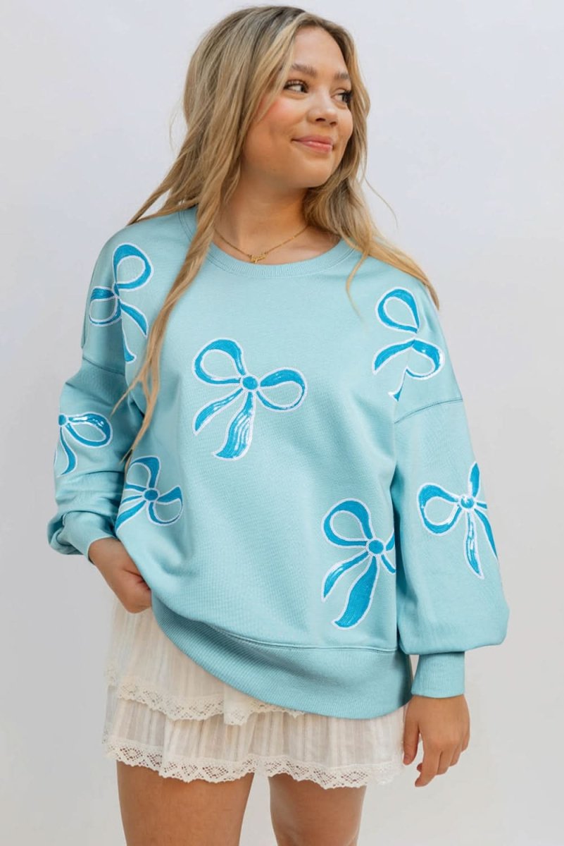 Beau Blue Sequined Bowknot Drop Shoulder Oversized Sweatshirt - Love Salve 