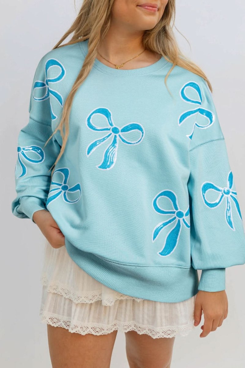 Beau Blue Sequined Bowknot Drop Shoulder Oversized Sweatshirt - Love Salve 