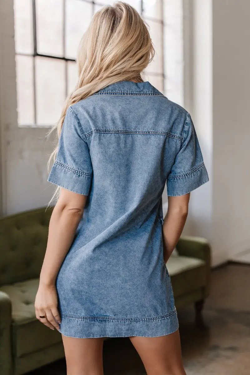 Beau Blue Short Sleeve Collared Patched Pocket Denim Mini Dress - Love Salve 
