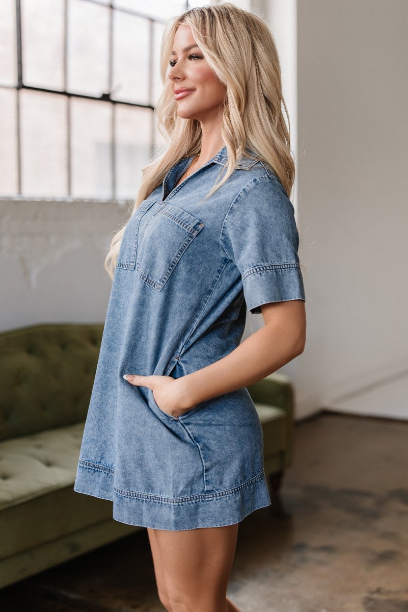 Beau Blue Short Sleeve Collared Patched Pocket Denim Mini Dress - Love Salve 