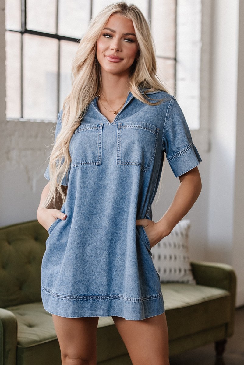 Beau Blue Short Sleeve Collared Patched Pocket Denim Mini Dress - Love Salve 