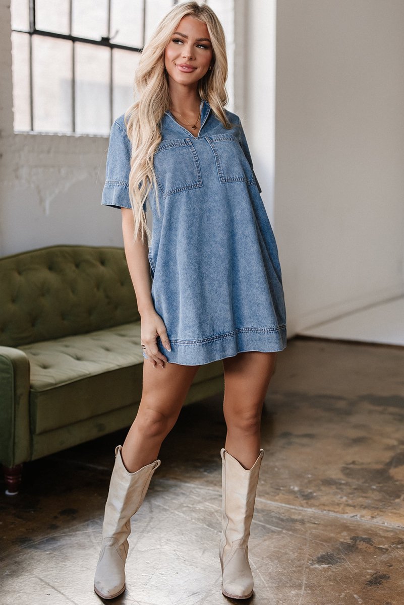 Beau Blue Short Sleeve Collared Patched Pocket Denim Mini Dress - Love Salve 