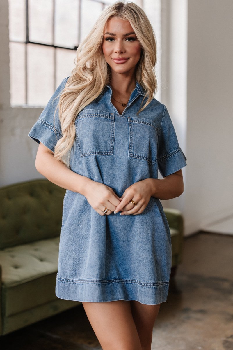 Beau Blue Short Sleeve Collared Patched Pocket Denim Mini Dress - Love Salve 