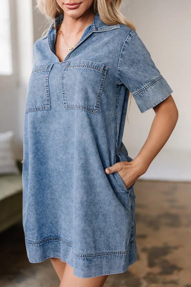 Beau Blue Short Sleeve Collared Patched Pocket Denim Mini Dress - Love Salve 
