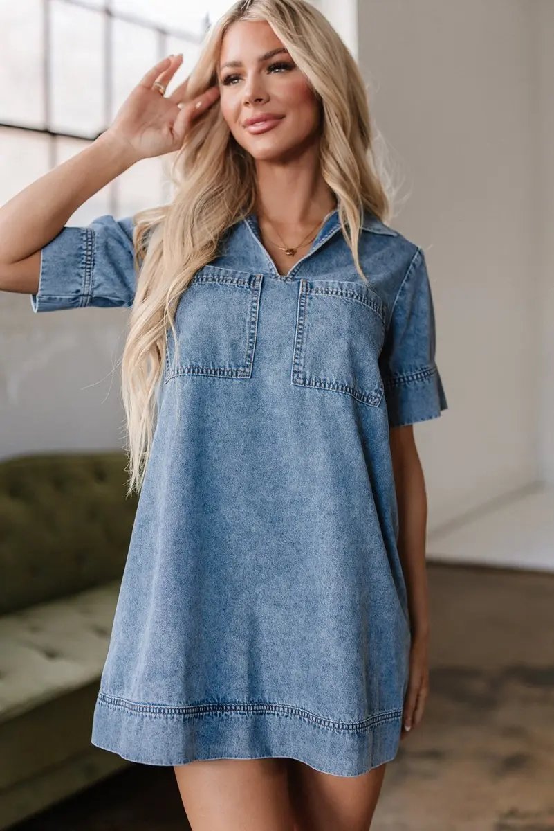 Beau Blue Short Sleeve Collared Patched Pocket Denim Mini Dress - Love Salve 