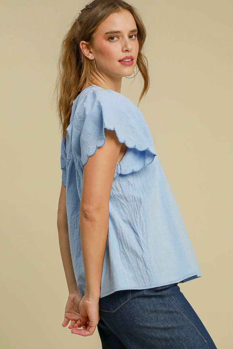 Beau Blue Solid Color Embroidered Scalloped Sleeves Crew Neck Blouse - Love Salve 
