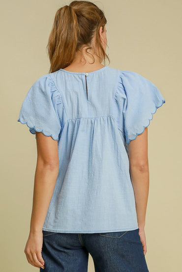 Beau Blue Solid Color Embroidered Scalloped Sleeves Crew Neck Blouse - Love Salve 
