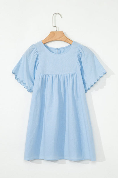 Beau Blue Solid Color Embroidered Scalloped Sleeves Crew Neck Blouse - Love Salve 