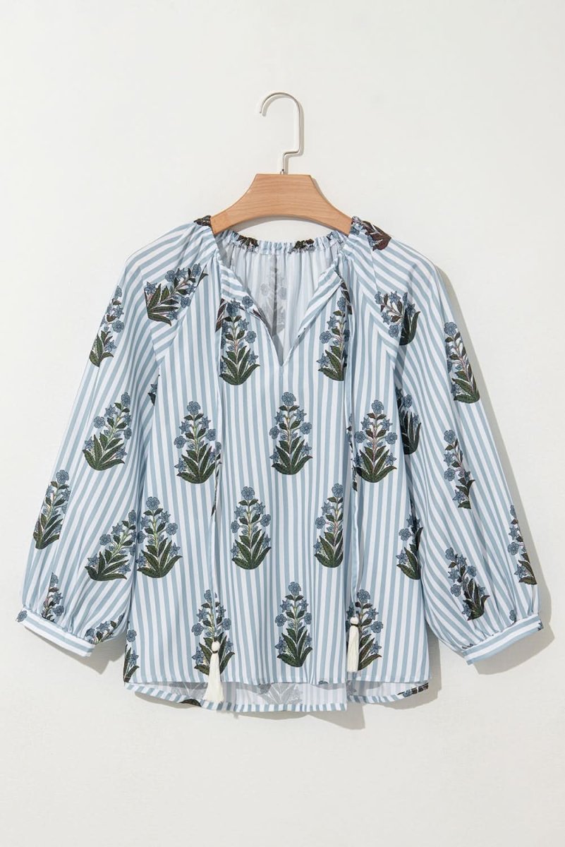 Beau Blue Striped Floral Printed Long Sleeve Tied V Neck Blouse - Love Salve 