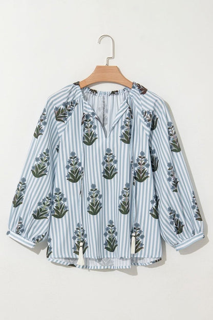 Beau Blue Striped Floral Printed Long Sleeve Tied V Neck Blouse - Love Salve 