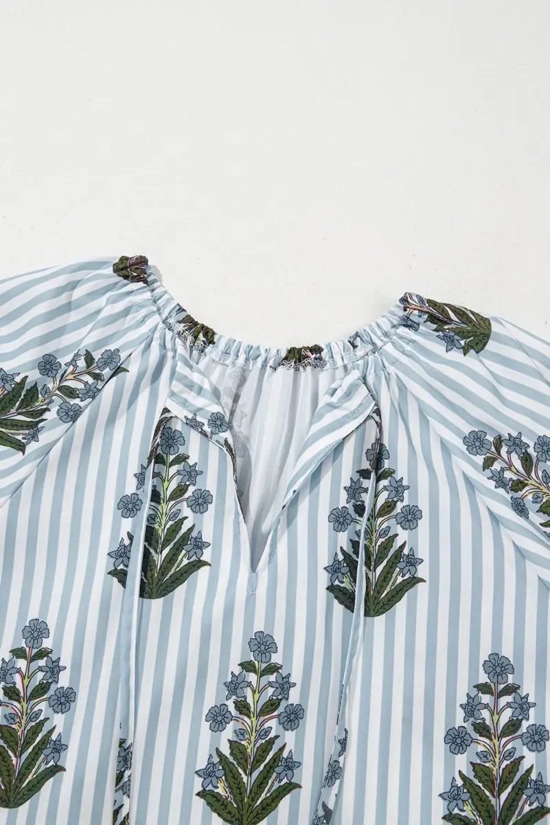 Beau Blue Striped Floral Printed Long Sleeve Tied V Neck Blouse - Love Salve 