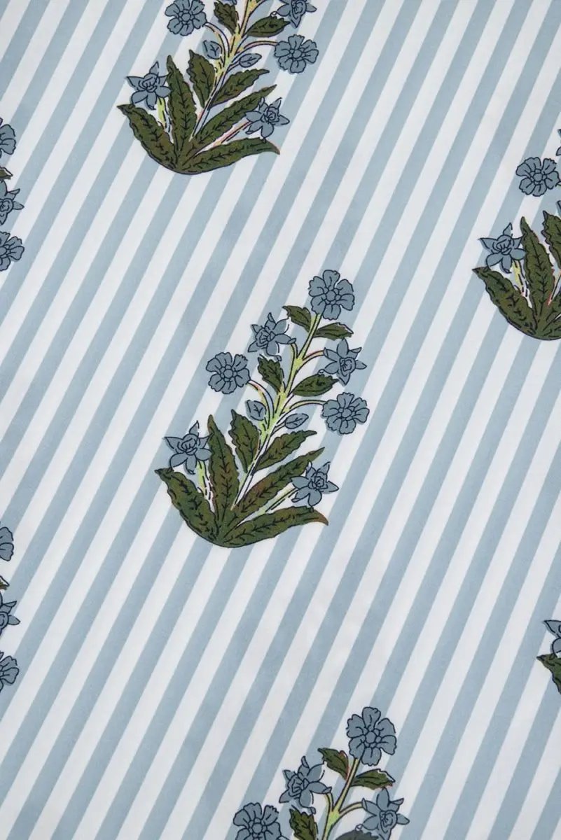 Beau Blue Striped Floral Printed Long Sleeve Tied V Neck Blouse - Love Salve 